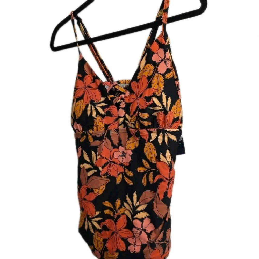 NEW Aqua Couture Halter Tankini Top Black Pink Floral‎ & Black Curvy Bottoms